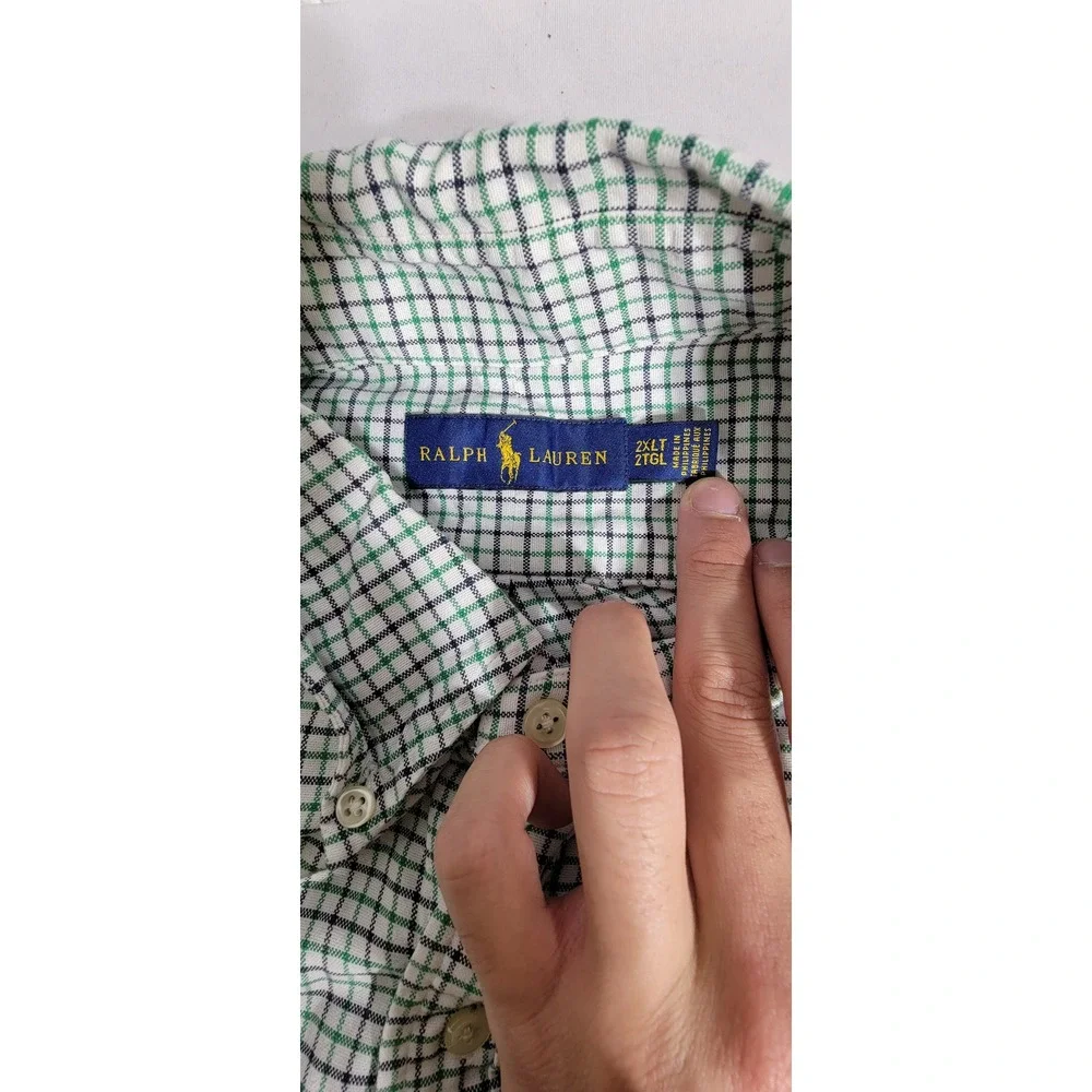 Polo Ralph Lauren Shirt Mens 2XLT Green Navy Tattersall Check Button Down Tall